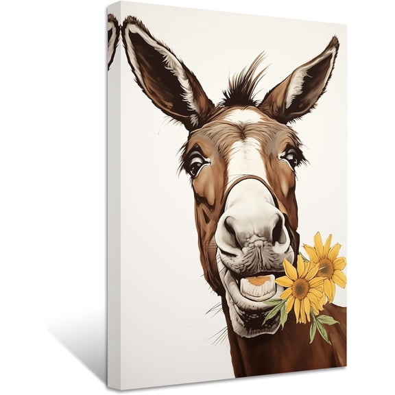 ZHONGYUTONG Donkey Canvas Wall Art Funny Donkey with Sunflowers Picture Prints Rustic Farm Animals Poster Bathroom Decor Framed (12.00" x 18.00")
