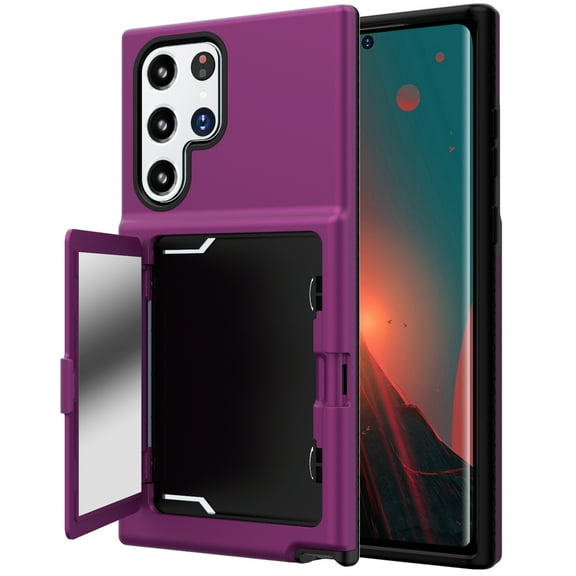 Case for Samsung Galaxy S22 Ultra with Hidden Makeup Mirror Card Slot Design Cover, Hybrid PC+TPU Shockproof Non-Slip Lens Protection Wallet Case for Samsung Galaxy S22 Ultra,Purple