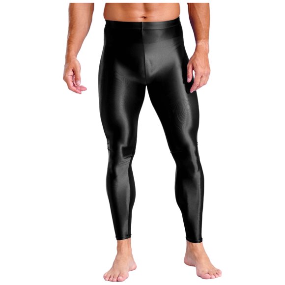 TTAO Men's High Waist Shiny Leggings Stretch Compression Pants for Sports Fitness Clubwear Black XL