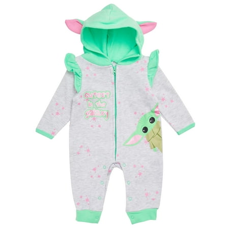 STAR WARS The Mandalorian Baby Girls Hooded Bodysuit – Baby Yoda Sweatshirt Fleece Zip Up One Piece (Pink/Yellow 24M)
