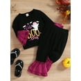 thumbnail image 3 of Bagilaanoe 2Pcs Toddler Baby Girl Halloween Outfits Letter Bat Spider/Ghost Print Long Sleeve T-shirt Tops + Flare Trousers 6M 12M 2T 3T 4T 5T Kids Long Pants Set, 3 of 9