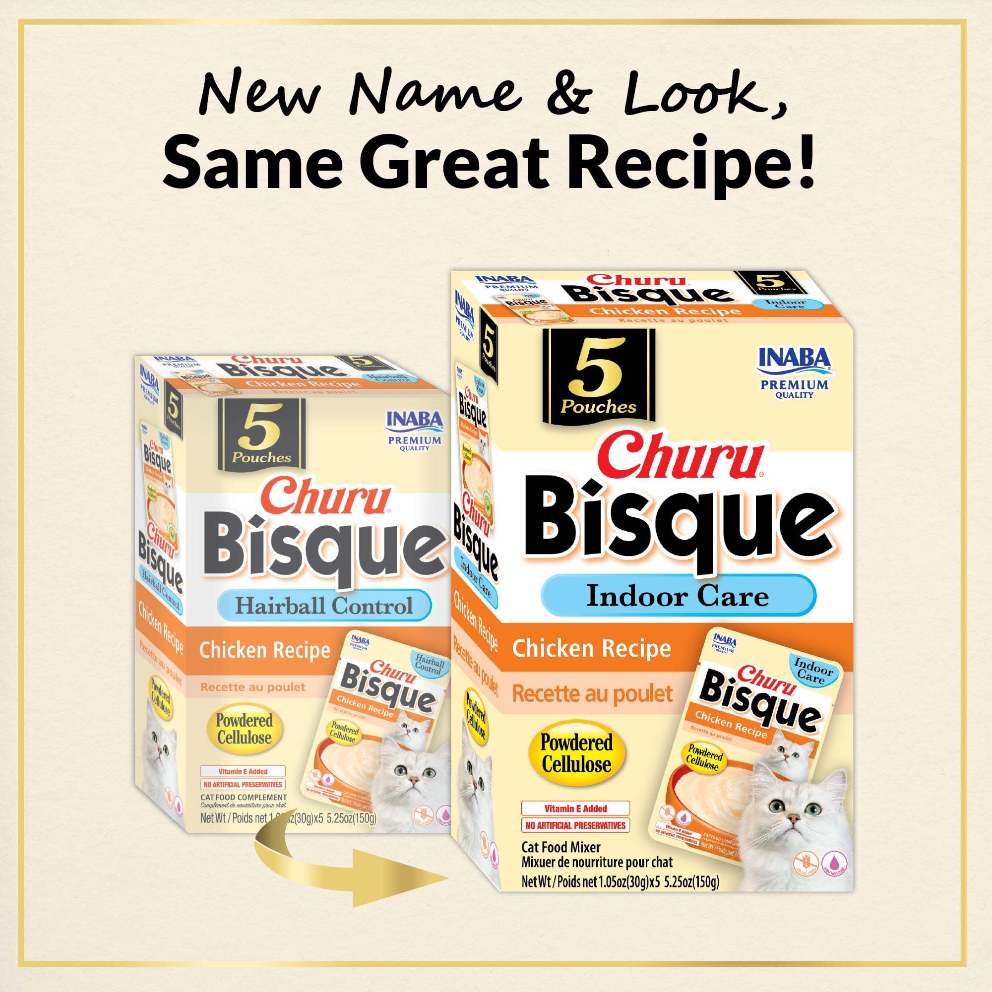 INABA Churu Bisque Indoor Care for Hairball Control for Cats, Creamy Lickable Puree Side Dish with Vitamin E, 1.05 Ounce Pouch, 5 Pouches, Chicken Recipe