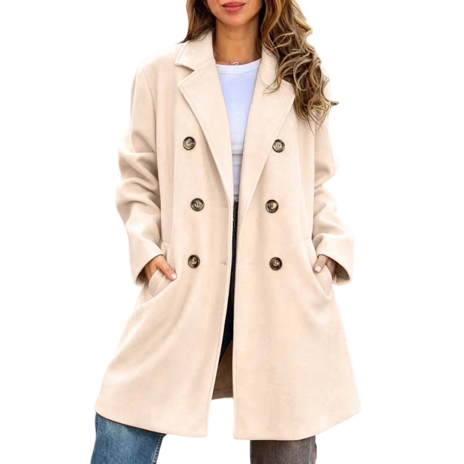 SONXAHE Double Breasted Wool Blend Coat For Women Lapel Long Sleeve Outerwear Mid Length Overcoat