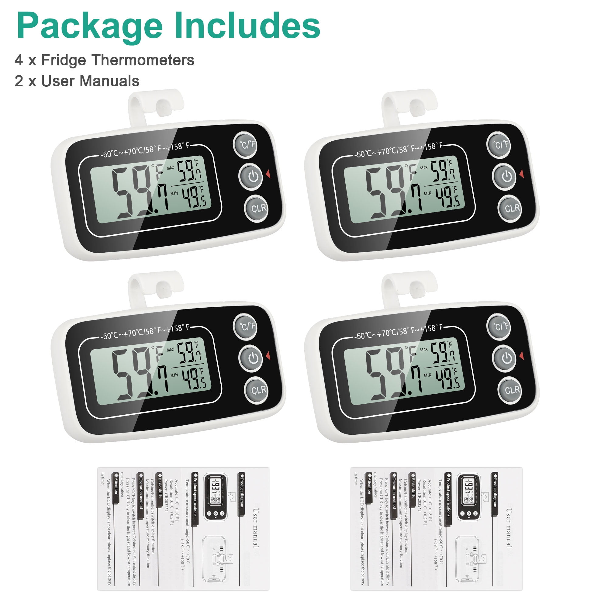 EEEkit 2pcs Digital Refrigerator Thermometers, Freezer Room Thermometers  with Max/Min Record and LCD Display, Battery Included