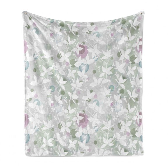 Floral Soft Flannel Fleece Throw Blanket, Spring Seamless Pattern with Flowers in Vintage Style Artwork Print, Cozy Plush for Indoor and Outdoor Use, 70" x 90", White and Reseda Green, by Ambesonne