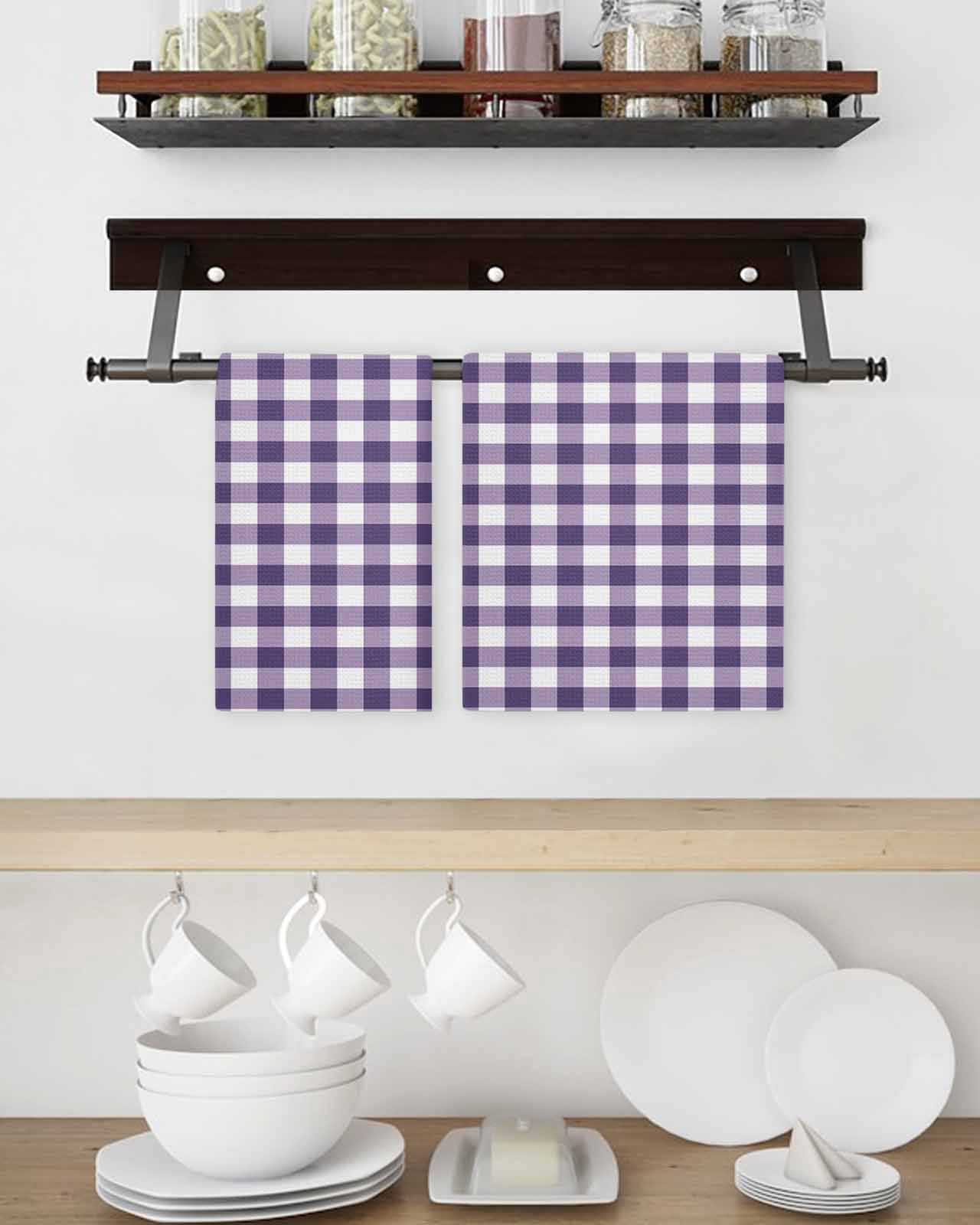 Purple Checkered Kitchen Dish Towels for Drying Dishes Set of 4, Farmhouse Buffalo Plaid Waffle Weave Microfiber Hand Tea Bathroom Towels Quick Dry & Absorbent Towel 15.7x23.6