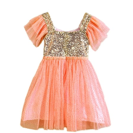 Ballerina Style Dresses - StylesILove Little Girls Princess Ballerina Party Gold Sequin Tulle Flower Dress - 6 Colors (90/6-12 months, Coral)