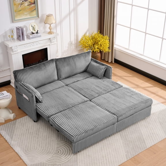 73" 3-in-1 Convertible Sofa Bed with Pull-Out Bed - USB Ports & Side Pocket,Corduroy Couch for Small Space, Living Room & Bedroom, Grey