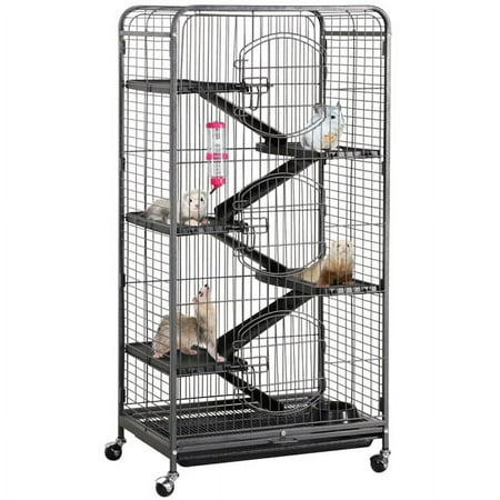 Alden Design Large 6 Level Rolling Pet Cage with 3 Doors, Pet Bowl, and Water Bottle for Small Animals, Black
