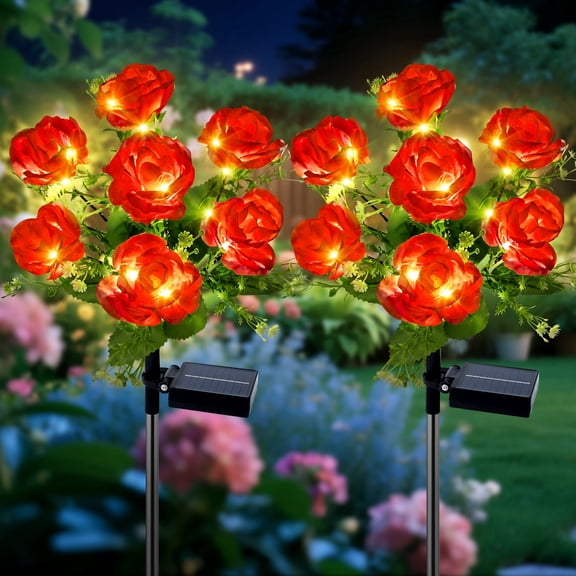 Fohil Solar Flower Lights 2 Pack, 7-Head Red Rose Solar Lights Outdoor with LED Solar Stake Lighting for Patio, Pathway Landscape Decoration