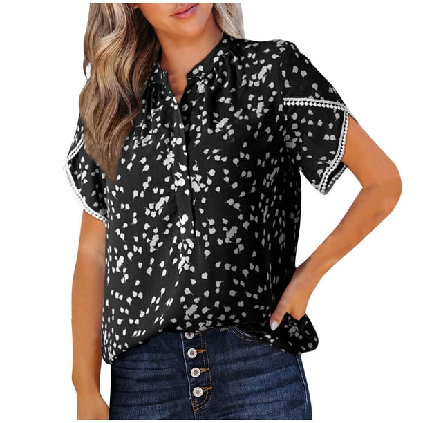 Camisas de Manga Larga para las Mujeres Verano Casual Floral Estampado Manga Corta Medio Botón V Cuello Blusa