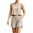 thumbnail image 6 of Zynoxe Womens Cotton Linen Short Sets Cropped Tank Top Drawstring Shorts Lounge Sets Lightweight Two Piece Matching Outfits with PocketsBeigeS, 6 of 9