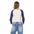 thumbnail image 4 of Forever 21 Women's Navy Blue & Ivory Varsity Raglan Crew Neck 3/4 Sleeve Top, for Casual Everyday Style, M, 4 of 6