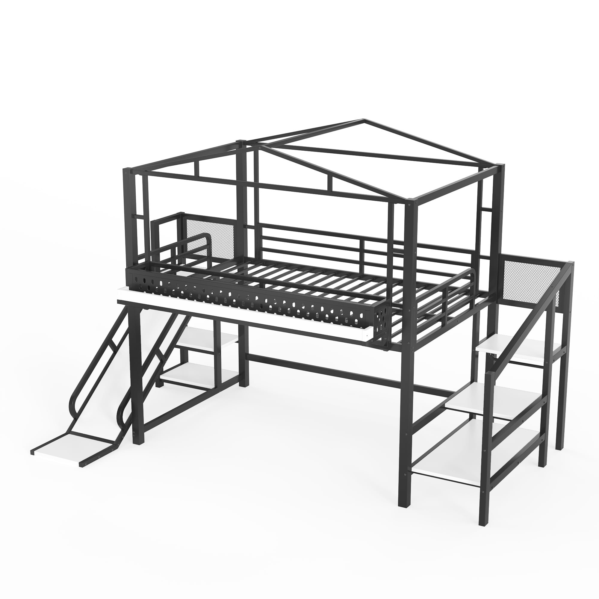 Aukfa Full Size Loft Bed with Storage Stairs, Slide, Shelves, USB Ports and LED Lights, Metal Loft Bed for Kids, Noise-Reduced Design, Black
