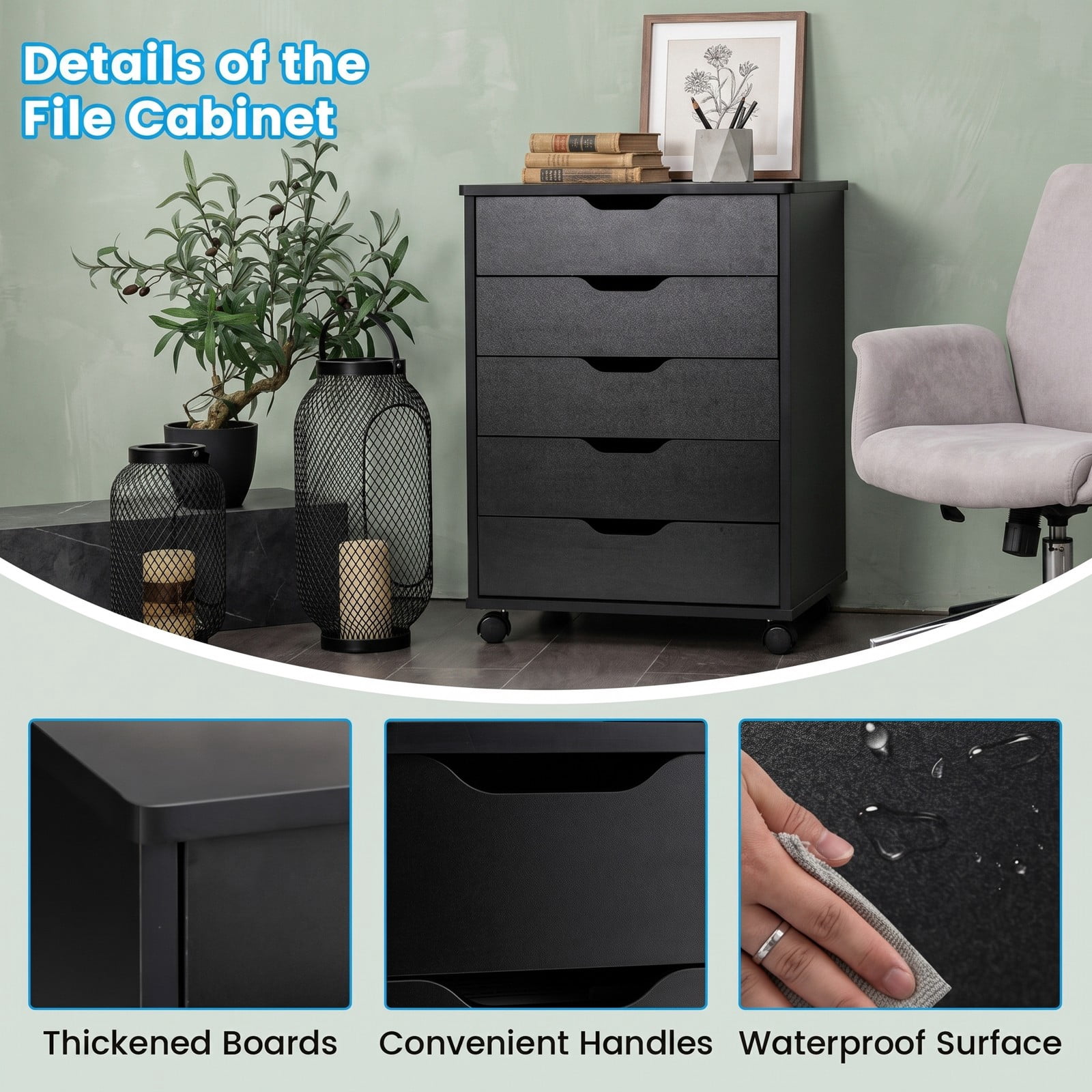 Furnibear 5 Drawer Mobile File Cabinet with Lockable Wheels, Rolling Storage Organizer Cart with Reinforced MDF Frame for Home Office, Living Room, Study, 155, Black
