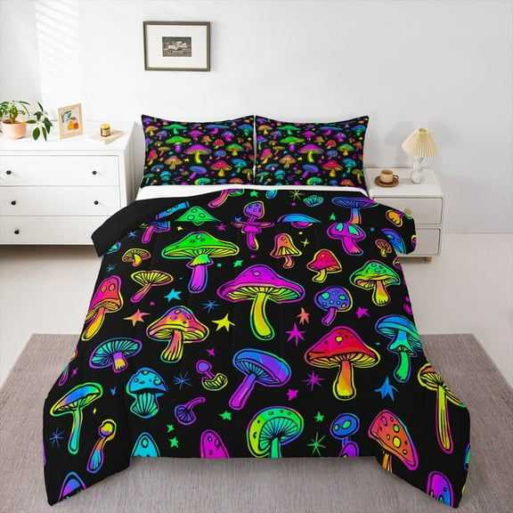 Manfei Colorful Mushroom Bedding Comforter Set,Fern Plant Twin Comforter Sets,Boho bohemian Theme Bedding Set For Child,Ultra Soft Home Decor Reversible,2-Piece