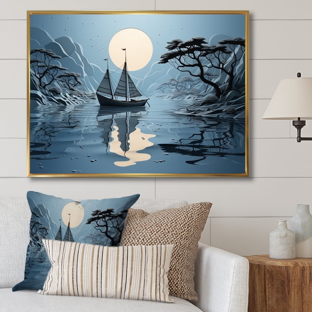 Designart Boat Oversized framed wall art decor, Boat framed wall Art, Blue Boat composition , Blue Modern Gold framed wall art, 40x30 inches Gold Frame