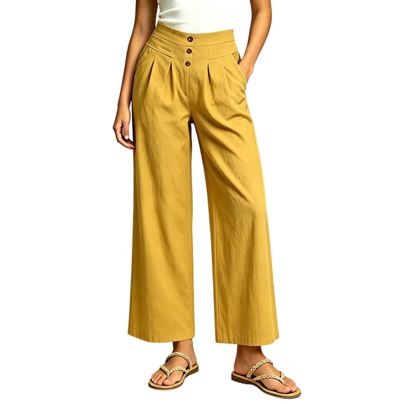 RQYYD Palazzo Pants for Women High Waist Pleated Front Button Detail Loose Wide Leg Casual Summer Pant with Pockets