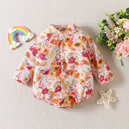 

Baby Girl Boy Sweatshirt Romper Floral Print Bodysuit Crewneck Pullover Fall Clothes