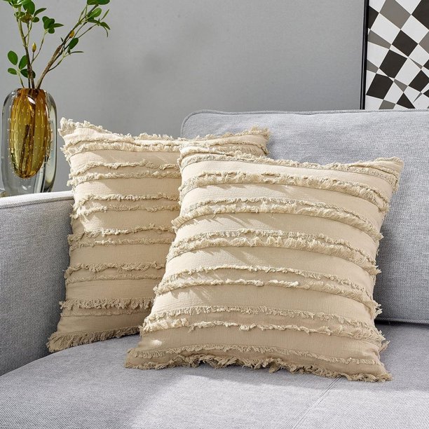 Fundas de almohada decorativas bohemias con volantes, fundas de cojín de lino y algodón, paquete de 2 (caqui, 20 x 20)