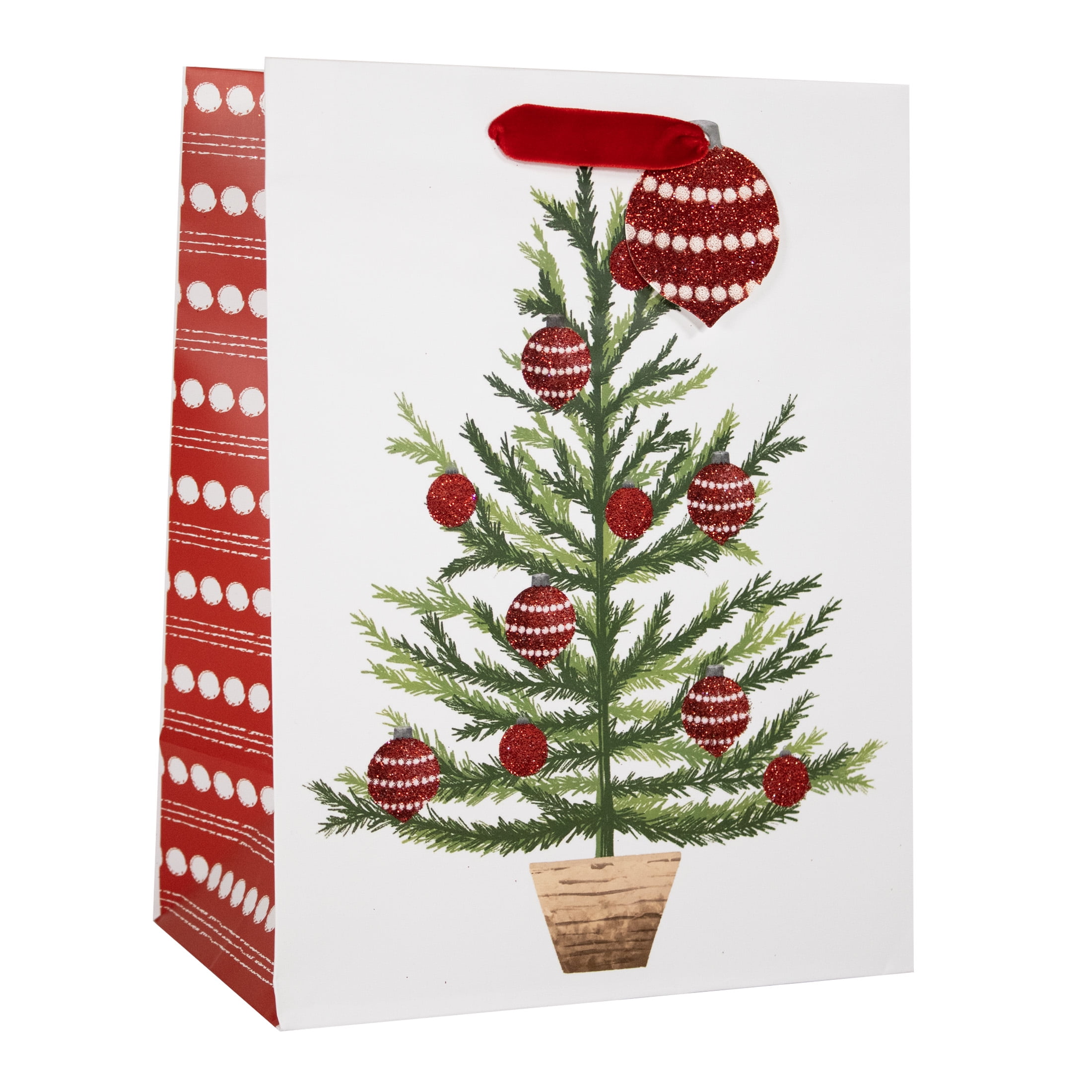 Holiday Time White Glitter Tree Small Christmas Paper Gift Bag