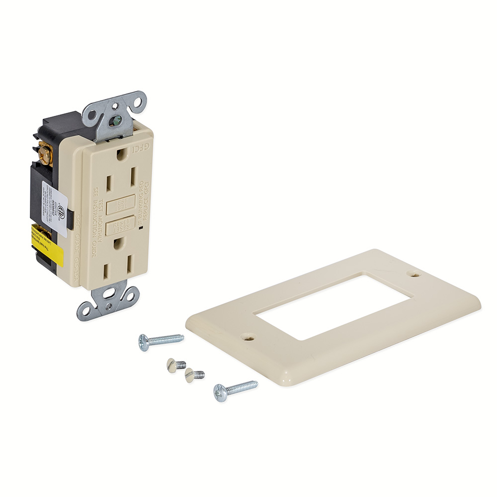EZ-FLO 62168 Self-Test 15 Amp 125 Volt Slim GFCI Outlet with LED Indicator and Wall Plate, Ivory