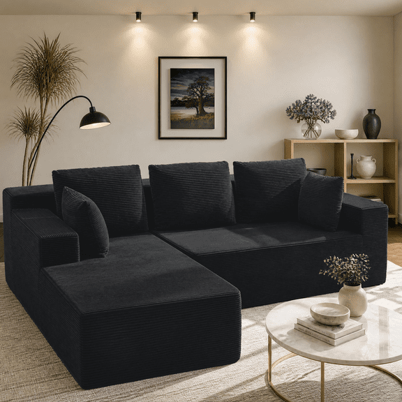 Rwcoet Modular Sectional Couch,Modern Oversized L-Shape Boneless Cloud Couch with Two-Tone Foam for Living Room,No Assembly Required,Black Corduroy,Left Chaise