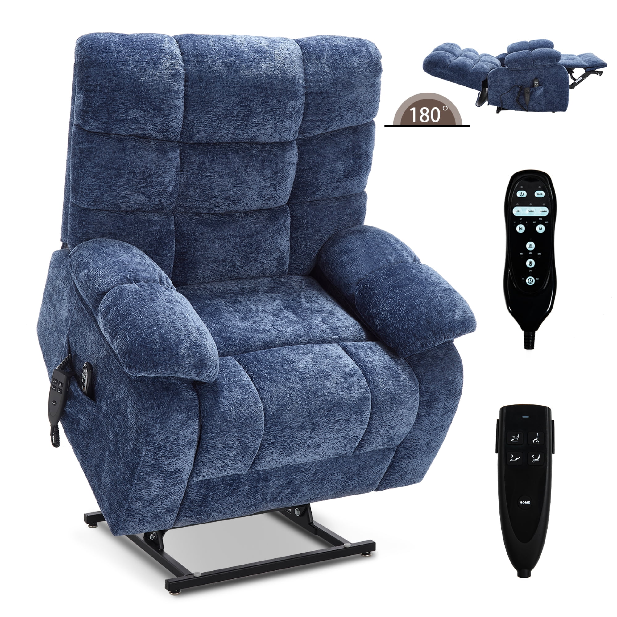 Leumius Large Power Lift Recliner Chair for Elderly,Heavy Duty Chenille Recliners with Massage and Heating for Living Room,Navy Blue