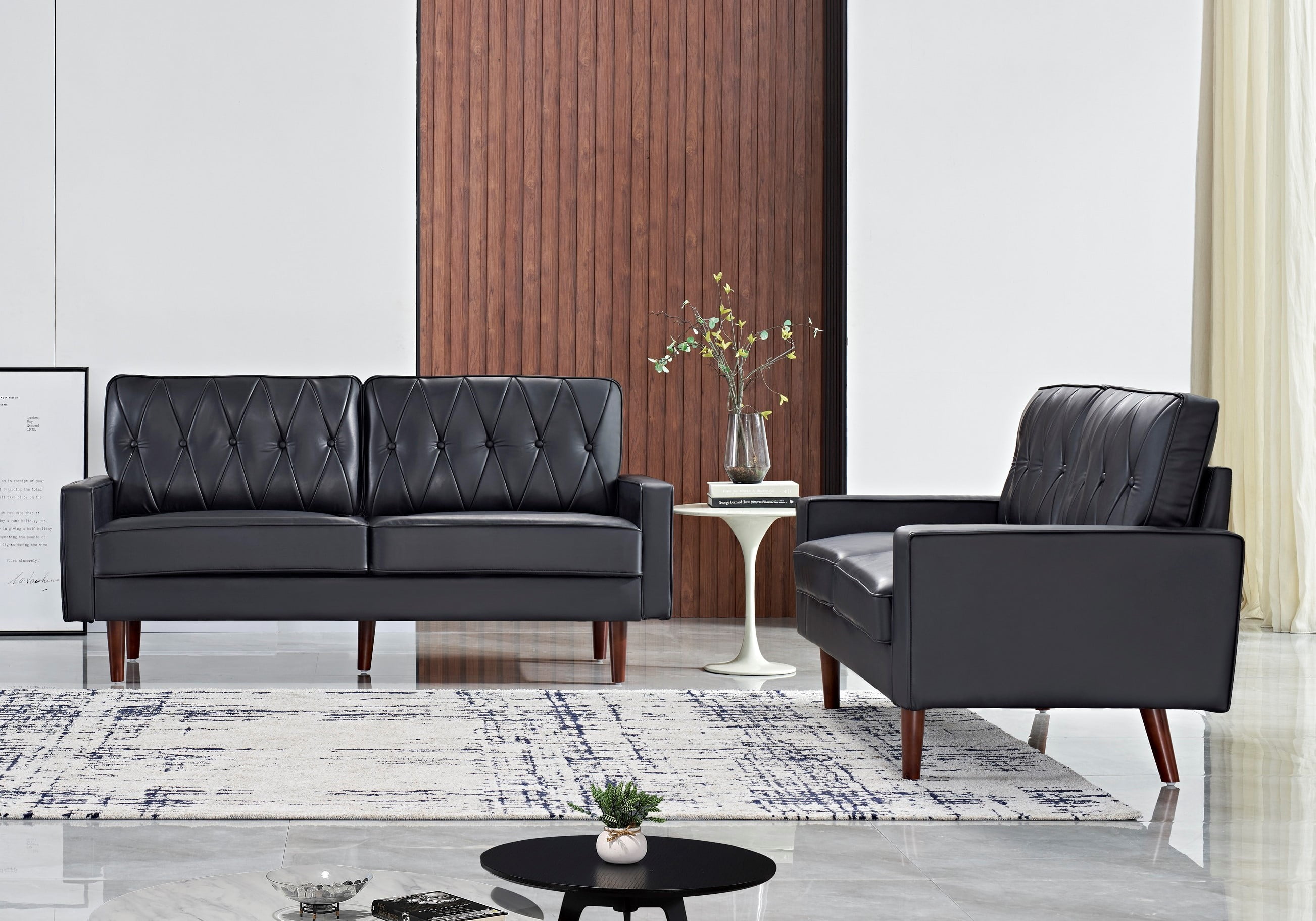 US Pride Furniture Acire Faux Leather Cushion Back 2Pcs Living Room Set, Black