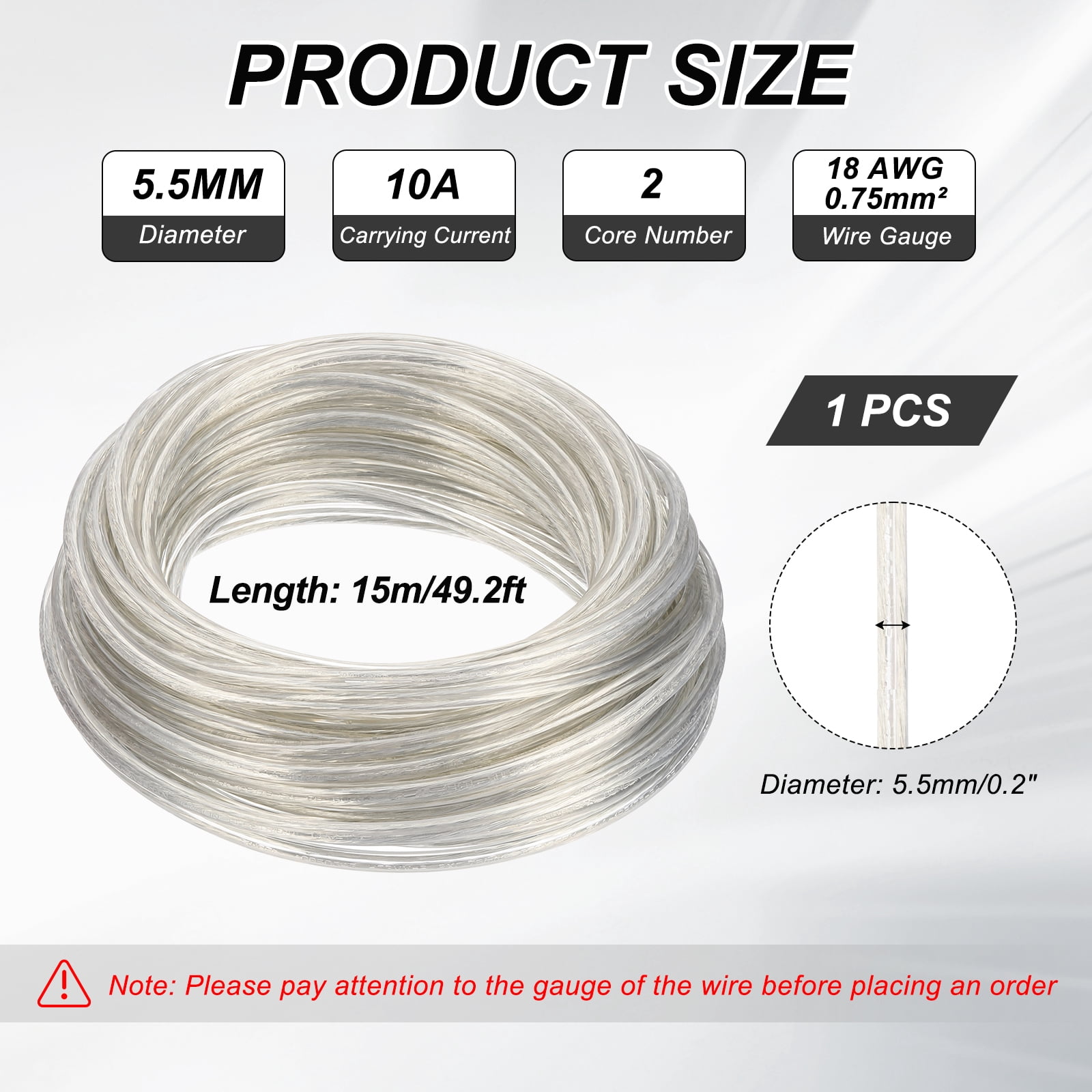 Uxcell Covered Wire 2 Core Sheath Power Cord 18AWG 15m/49.2ft for LED Lamp Wire and Audio Cable Speaker Line, Clear