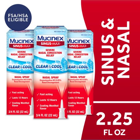 Mucinex Sinus-Max Severe Nasal Congestion Relief Clear & Cool Nasal Spray, 0.75 fl. oz., Lasts 12 Hours, Fast Acting, Cooling Menthol Flavor (3 Pack)
