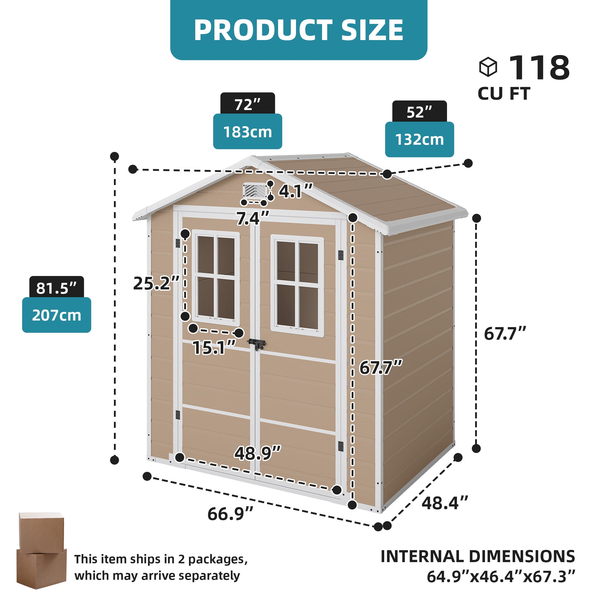 Uforic 6x4.4 FT Double-Wall Resin Outdoor Storage Shed, Plastic Garden Tool Shed with 2 Windows & Lockable Door, Waterproof Storage House for Lawn Mower, Backyard Patio Lawn, Greige & White