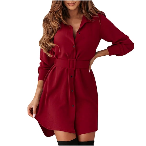 Vestido con Cinturón Fridja de Manga Larga de Un Solo Pecho Color Sólido Casual para Mujer Talla S M L XL
