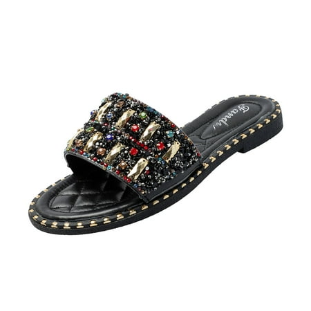 

Follure Girl women s casual shoes Women s Sequined Rhinestone Flat sandals Fashionable Outer Wear Beach Shoes Black 38