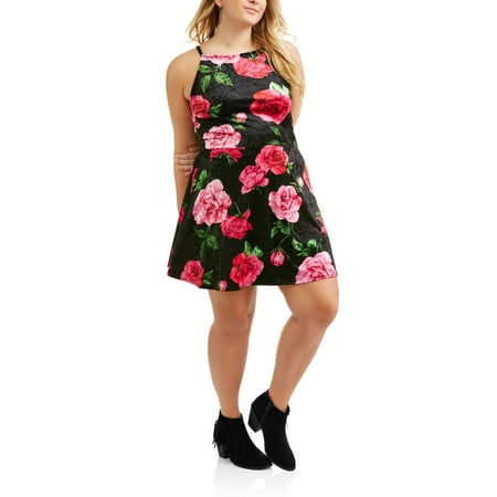Juniors' Plus Racer Front Floral Printed Velvet Skater Dress