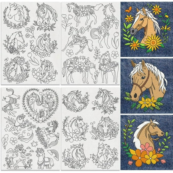 34Pcs Horse Water Soluble Hand Sewing Stabilizers 8.3"x11.7" Cute Horse Vine Embroidery Pattern Stabilizer 4 Sheets Flower Animal Stick and Stitch Embroidery Paper Sticker