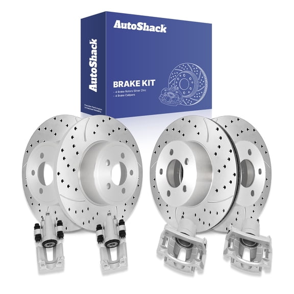 AutoShack Front & Rear Brake Rotors & Calipers for Jeep, Liberty 2003-2007, 4WD RWD L4 2.4L 2.8L V6 3.7L - Silver Zinc Coated Drilled & Slotted - SilverShield Pro