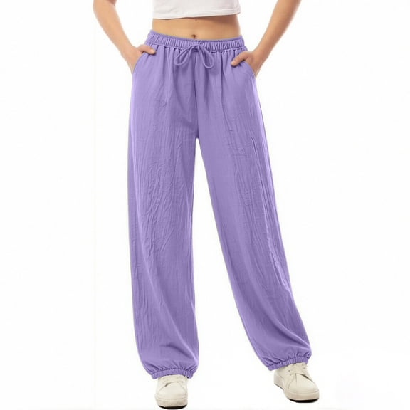 StSilkitty Womens Cotton Sweatpants Summer High Waist Elastic Drawstring Joggers Lightweight Soft Tapered Trousers