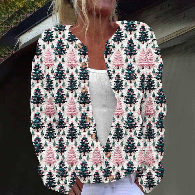 Jsaierl Womens Ugly Christmas Sweaters Xmas Tree Print Long Sleeve Cardigans Button Down Open Front Sweater Fall Winter Knit Coat