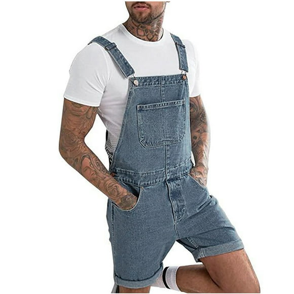Jsaierl Mens Denim Bib Overall Shorts Above Knee Length Rompers Walk Dungaree Jumpsuit Relaxed Fit Playsuit Jean Shorts