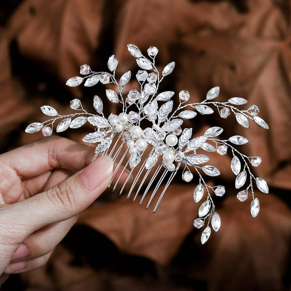 Crystal Bride Wedding Hair Comb Flower Bridal Headpieces Rhinestone Leaf Hair Pieces Pearl Hair Vines Bridesmaid Side Combs Hair Accessories for Women and Girls (silver flower)
