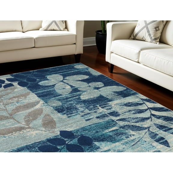 8' X 10' Navy Blue Light Blue and Gray Botanical Leaves Area Rug