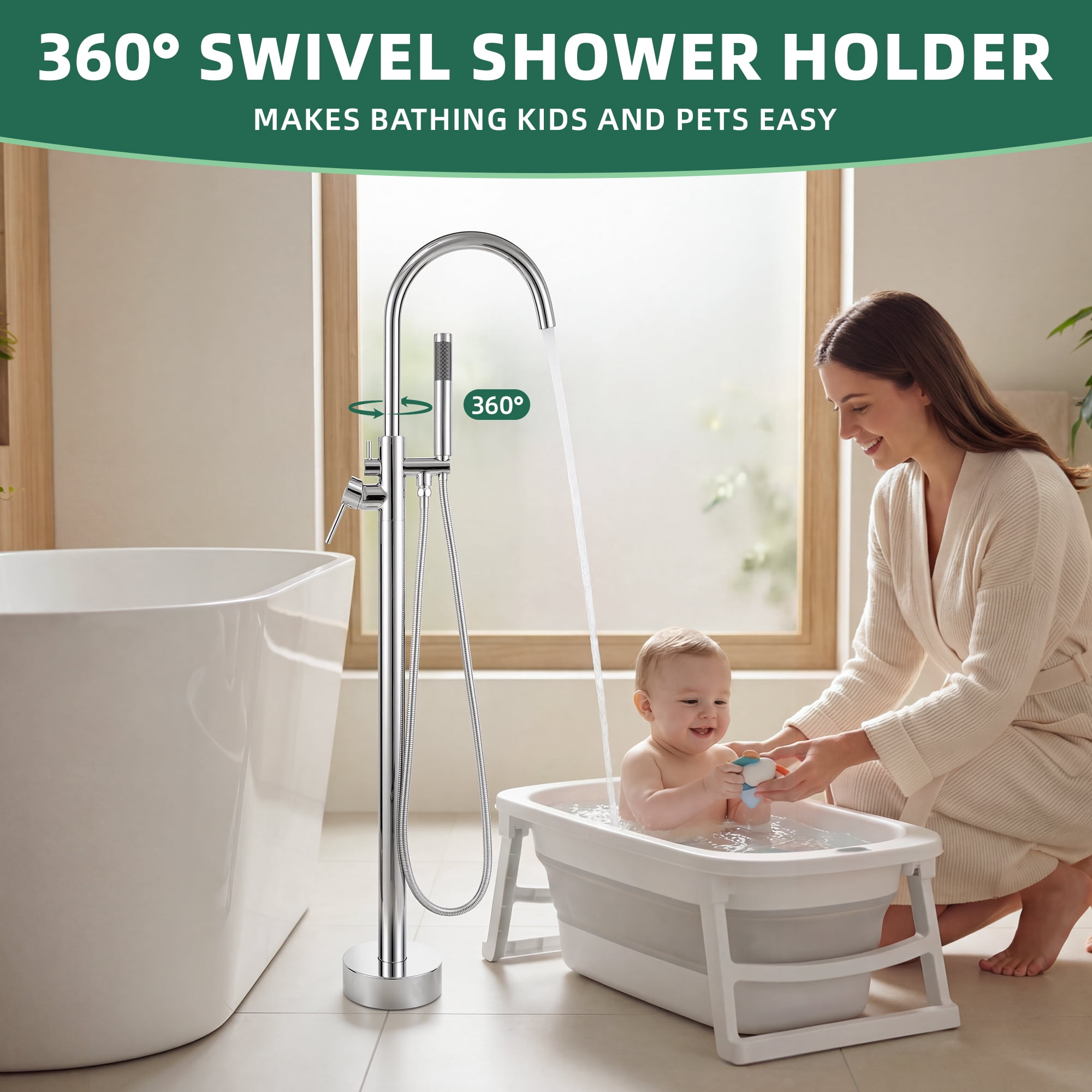 Free Standing Tub Faucet, High Flow Freestanding Bathtub Faucet with Handheld Shower & Gooseneck Spout, 360°Swivel Tub Filler, Brass Body, Chrome