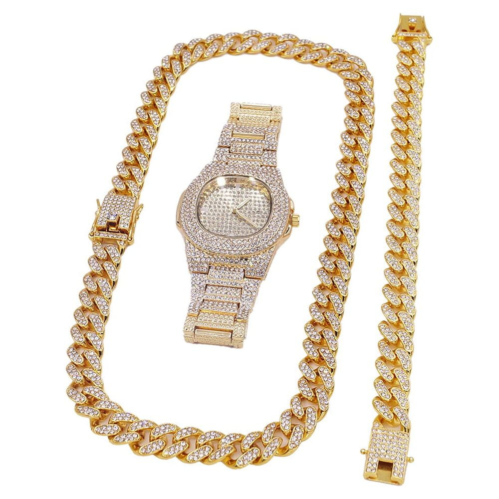 Men's Hip Hop Luxury Micro Pave Cubic Zirconia Miami Cuban set Necklace bracelet watch Iced Out Cool 18k Layered real gold Plated #59