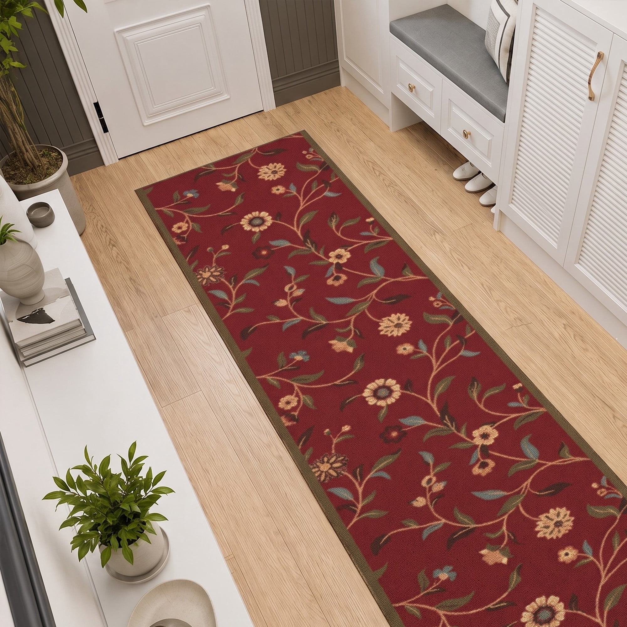 Ottomanson Extra Long Runner Rug 2'7" x 47' – Non-Slip Low Pile Hallway Carpet, Floral Red