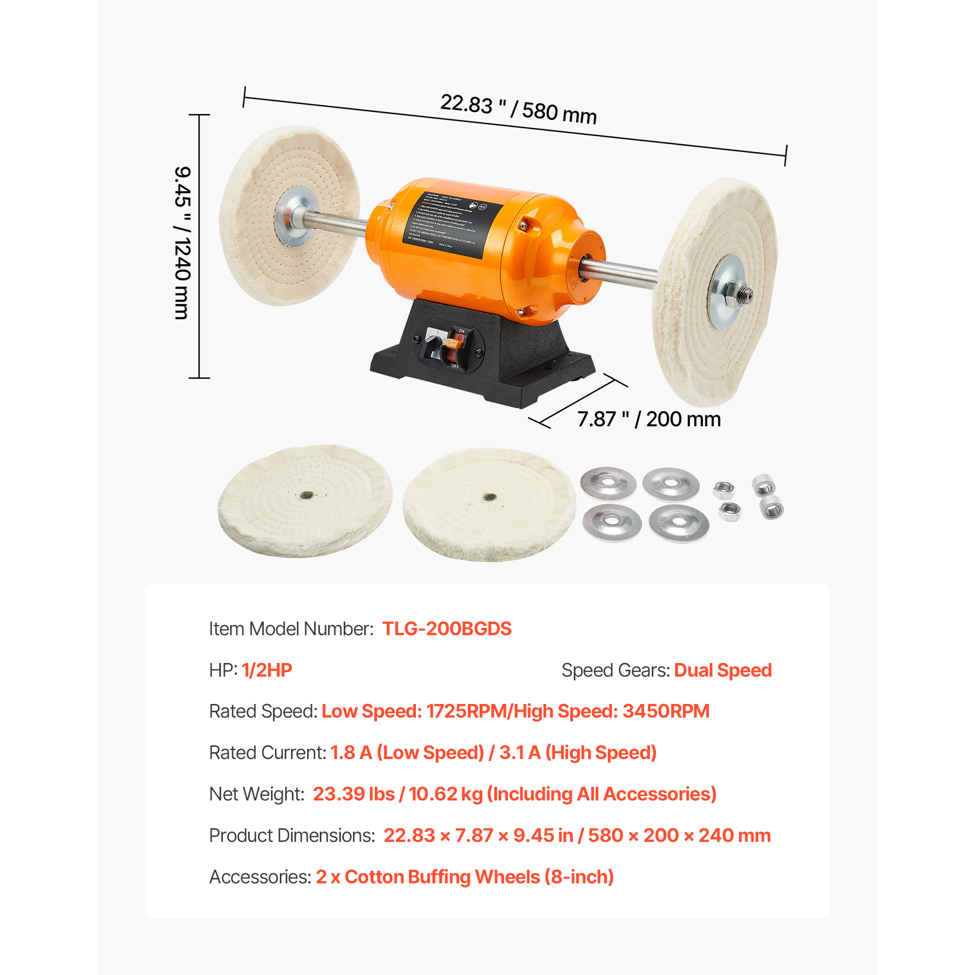 KFFKFF 1/2HP Bench Buffer Polisher, 8-inch Bench Buffing and Polishing Machine, Dual Speed 1725RPM/3450RPM with Cotton Wheels & Durable Cast Iron Base for Metal, Jewelry, and Wood Finishing