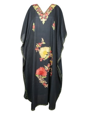 Mogul Women Kaftan Maxi Dress, Beach Bohemian Lounger Caftan Black Floral Hand Embellished Caftan Dresses 4XL