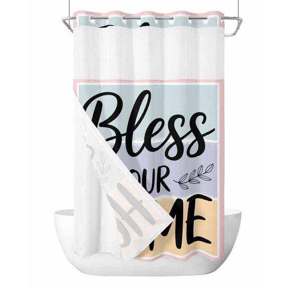 No Hook Cloth Fabric Shower Curtain with Snap in Liner, Bless Our Home Waterproof Shower Curtains Set with See Through Top Window, Wheat Color Black Stripes Aesthetic Bath Curtains Shower 36"x72"