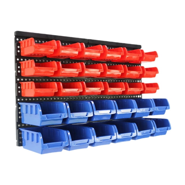 Contenedores almacenamiento pared 30 compartimentos con tablero perforado, soporte para piezas, estante para piezas ferretería, garaje y Rojo Azul