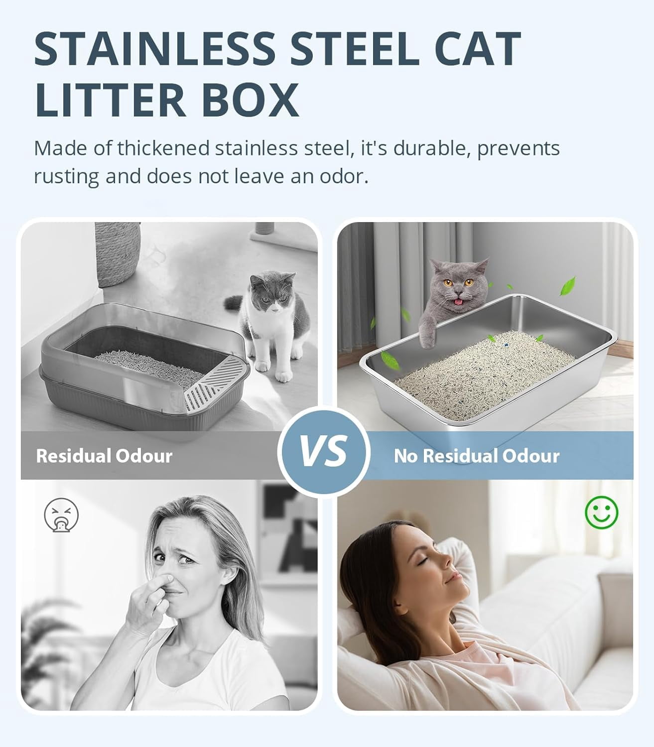 Stainless Steel Cat Litter Box  6in Pan For Cats And Rabbits Metal High Sides Nonstick Odor Control Anti-corrosion